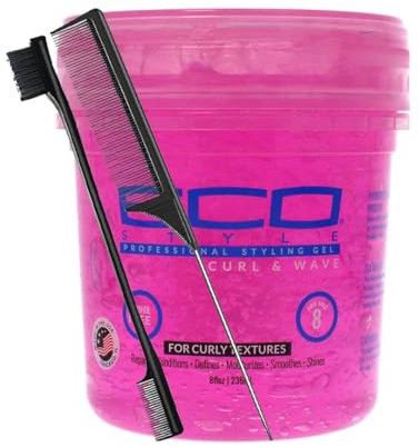 Eco Style Locken- und Wellengel, 237 ml, mit Schwanzkamm und Kantenbürste, fester Halt und Glanz, verbessert Locken und Wellen, alkoholfreies, feuchtigkeitsspendendes und nicht abblätterndes