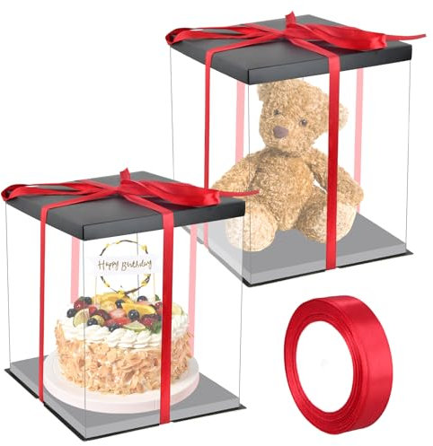 Dewocke 2 Pezzi Scatola per Torta Trasparente 10 Pollici, 30x30x35cm Scatole Regalo Plastica con Coperchio, Scatola Porta Torta Alta, Scatole per Dolci, per Dessert per Imballaggio da Forno(Nero)