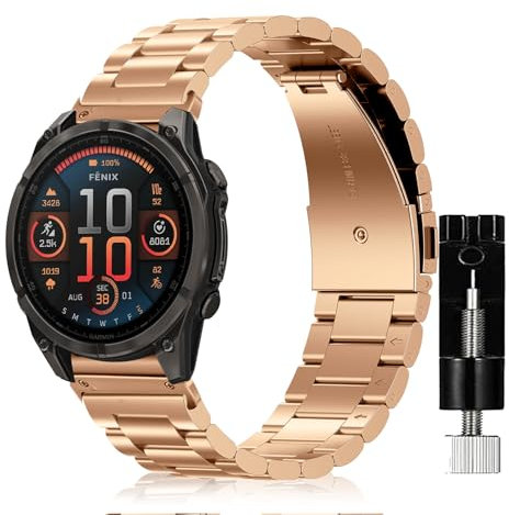 SeNool QuickFit 22mm Bracelet pour Garmin Fenix E 47mm/Fenix 8 47mm/Fenix 7 Pro/Fenix 7 Pro Solar/Fenix 7, Acier Inoxydable Métal Remplacement Band pour Garmin Fenix 5/Fenix 5 Plus/Descent G1 -Or Rose