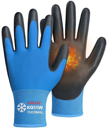 KAYGO Winter Work Gloves PU Coated, Thermal Fleece Liner, Good Grip, KG11WL | 12 Pairs Winter Safety Working Gloves for Men Women, Ideal for Cold Weather Work Freezer Storage Warehouse (Blue, Medium)