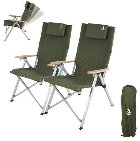 ARURU Campingstuhl Stuhl,Gartenstuhl Hochlehner Rückenverstellbar 4 Positionen Klappstühle Handlauf aus Holz Gepolstert mit Seitentasche Angelstuhl Outdoor Für Camp Garten Balkon (Grün, 2 PCS)
