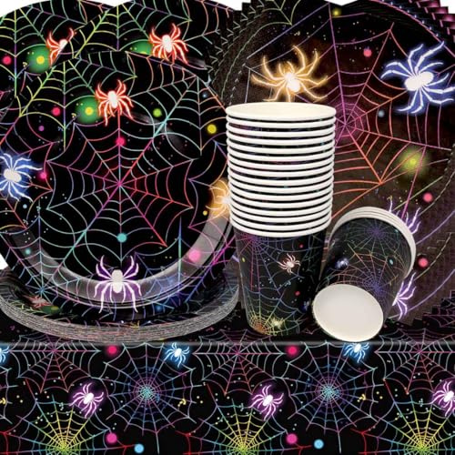 Stoviglie per Feste Halloween,Doyomtoy Ragno Compleanno Decorazioni Piatti di Compleanno, Tazze, Tovaglioli per Bambini Halloween Ragno Decorazioni 20 Ospiti