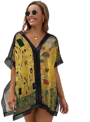 Style De Peinture À l'huile Robe de Plage pour Femmes V-Cou Bikini Cache-Maillots Taille Unique Klimt Dentelle Chemise Robe Couvrir Beach Maillots de Bain Cover Up