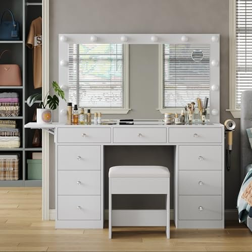 9 Drawers Dressing Table with Mirror and Lights, Vanity Desk with Power Outelt, 3 Color Modes, Brightness Adjustable, Fold-up Panel, Glass Top Dressing Table with Chair for Bedroom, White