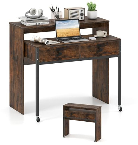 COSTWAY Bureau Extensible, Table d'Ordinateur Gain de Place avec Tiroirs, Bureau Console en Bois Compacte avec roulettes pour Salon, Chambre (Marron Rustique)