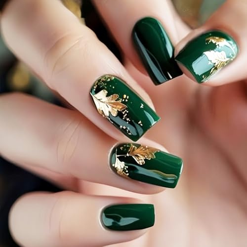 Dark Green Press On Nails for Women, Elegant Glossy Short Square Fake Nails with Gold Leaf, Luxury Forest Green Acrylic Nail Set, Artificial Manicure Kit with ABS Material with Jelly Adhesive Tabs