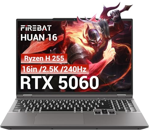 FIREBAT 16 Gaming Laptop 240Hz 2.5K QHD+ (2560x1600), AMD Ryzen 7 H 255 (8C/16T, 4.9GHz), GeForce RTX 5060 8GB GDDR7, 16GB DDR5 512GB SSD (96GB RAM Expandable), WiFi 6E, RGB Backlit, Metal Design