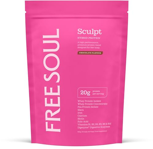 Free Soul Sculpt Protein Powder | 20g Protein | Chocolate | 20 Servings | Hybrid Whey Protein Powder with Maca, Iron, Calcium, Biotin & B Vitamins | Plus Digestive Enzymes