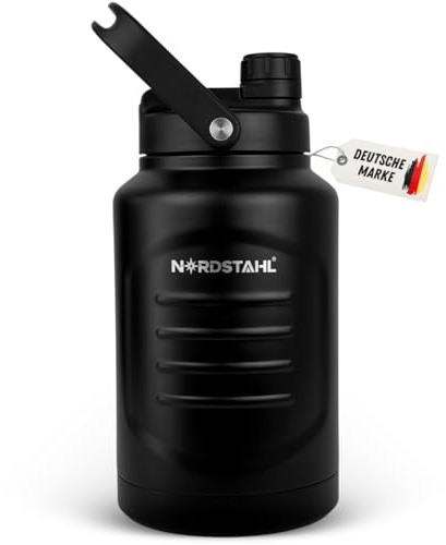 Thermosflasche 3,78 Liter | 2-in-1 Deckel mit Strohhalm | 24h eiskalt | spülmaschinenfest | BPA-Frei & auslaufsicher | große Trinkflasche 3L bis 4L | inkl. Strohhalm-Reinigungsbürste (Nachtschwarz)