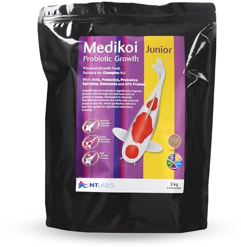 NT Labs Medikoi Probiotic Growth Pond Fish Food Junior 3mm Pellets (3kg) | High protein koi food utilises probiotic bacteria for summer feeding to maximise nutrient uptake and body mass gain.