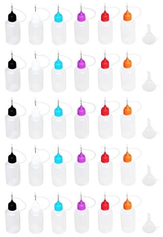 30 Pcs 30ml Precision Tip Applicator Bottles – 30 Translucent Bottles and 30 Colored Tips, Come with 5 Pcs Mini Funnel for DIY Quilling Craft, Acrylic Painting