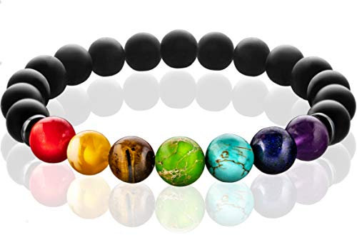 FABACH Chakra Perlenarmband mit den Perlen aller sieben Chakren und Onyx-Naturstein (schwarz) - Yoga Armband aus Heilsteinen - Energiearmband für Damen und Herren
