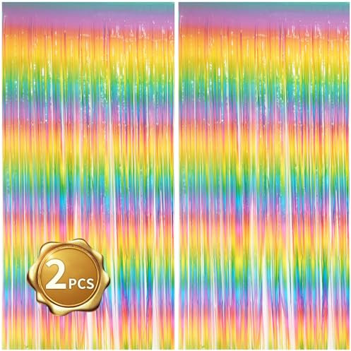 Fransenvorhang aus hellem Regenbogenfolie, Lametta, metallische Vorhänge, Fotohintergrund für Geburtstag, Party, Hochzeit, Verlobung, Brautparty, 2 Stück (1 x 2 m)