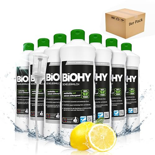 BiOHY Scouring Milk (9 x 1l Bottle) + Dispenser | effortlessly removes Burnt-in Food residues | Thorough Cleaning Without Scratching | for Enamel, Ceramic & Stainless Steel (Scheuermilch)