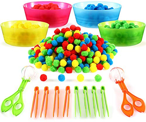 138 Pcs Fine Motor Skills Toys for Early Sensory Education Color Sorting Matching Counting Training, for Ages over 3 Including 8 Sorting Bowls 2 Scissors Clip 8 Tweezers and 120 Colorful Plush Balls