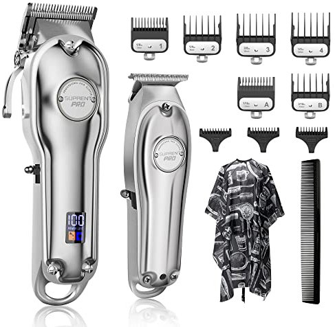 SUPRENT® Cortapelos Profesional para hombres, Recargable USB Maquina Cortar Pelo y combo de recortadora de cuchillas en T Zero Gap, Cortapelos inalámbrico Cortador barba de Pelo peluqueros kit (Plata)