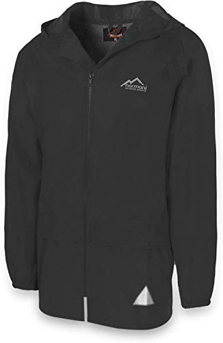 Outdoor Regenjacke Laufjacke Fahrradjacke mit Kapuze und 3M Scotchlite Reflektoren beidseitig für maximale Sicherheit Farbe Schwarz Größe 7/L
