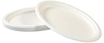 Ecorigin 50 Platos ovalados desechables biodegradables y compostables de caña de azúcar. Color blanco. 26 x 20 cm.