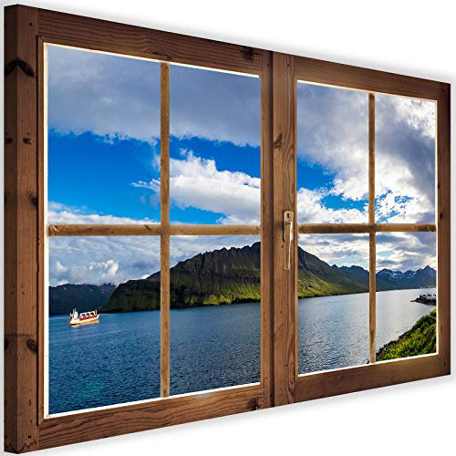 Febby Vlies Leinwandbild XXL Geschlossenes Fenster 3D-Effekt 120x80 cm Wandbild Kunst Bilder Schlafzimmer Deko Wohnzimmer Fjord Felseninsel Meer Blau