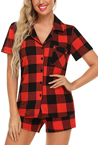 Samring Ensemble de pyjama à manches courtes pour femme, vêtements de nuit boutonnés, short doux, tailles S à XXL, Carreaux rouges et noirs, M