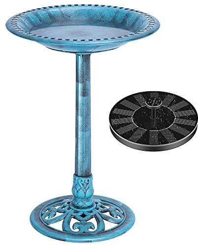 VIVOHOME Baignoire à oiseaux en polyrésine antique pour jardin et fontaine ronde à énergie solaire Bleu