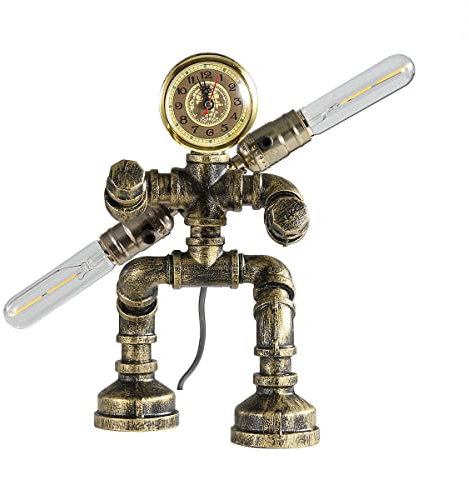 Kaj Hejmo Water Pipe Table Lamp Robot Style- Retro Industrial Steampunk Rustic Table Light- Vintage Farmhouse Desk Lamp for Bedroom,Office, Bedside, Nightstand, Baror or Shop (Bronze-Style F)