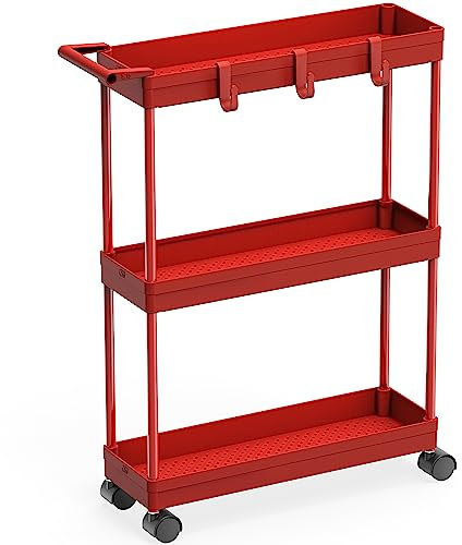 SimpleHouseware Küchenwagen mit 3 Ebenen, schmale/super schmale Regale mit Griff, 66,5 cm Höhe/14 cm Breite für schmale Stellen, Rot