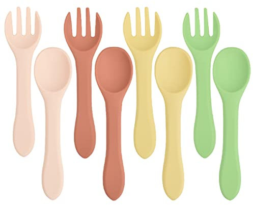 Lot de 8 fourchettes et cuillères en bois de bambou souple pour apprendre à nourrir bébé - Couleur bonbon