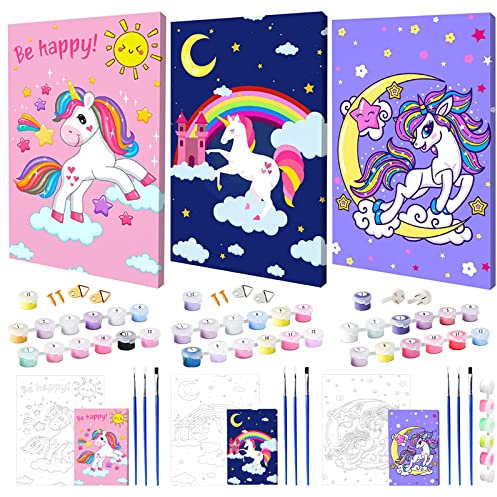 Frasheng 3 Pièces Peinture Numero Enfant Licornes,Peinture au Numéro Kits,Peinture Numero Enfant,DIY Peindre par Nombre,Kit de peinture par numéros,Cadeau Licorne Garçons Filles 5 6 7 8 9 10+ Ans