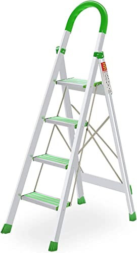 Tritthocker Trittleiter Hocker Aluminium 4-stufige Leiter mit grünen Handläufen, tragbare zusammenklappbare Trittleitern rutschfeste Trittleiter mit Fußpolstern Klappbarer Leiterhocker (44 * 80 *