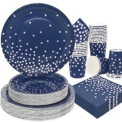 Gudvilla 200 Navy Blue Plates and Napkins Party Supplies - Serve 50 Guests, Blue and Silver Birthday Plates Disposable for Wedding Anniversary Retirement Graduation Decorations