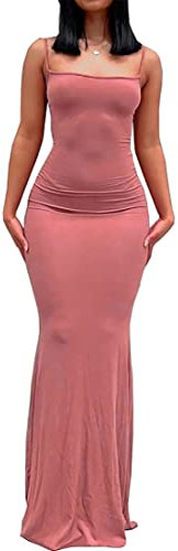 WINKEEY Sexy Maxi Robe Femme Robe Longue Moulante à Bretelles Robe d'été Slim Fit Casual Soirée Cocktail, Rose XS