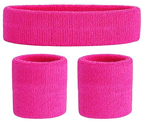 CCHAMP Hot Pink Stirnband Schweißbänder und Armbänder Set, 80er Kostüm für Damen Neon Kleidung 80er Accessoires, 1980er Kostüme Outfits für Mädchen, Accessoire Vokuhila Kostüm Retro neon 90er Outfit