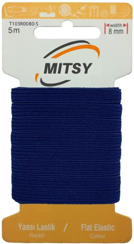 MITSY Cinta elástica resistente para coser, ancho de 8 mm, 5 m, azul marino, resistente, para goma de pantalones, hogar, manualidades, telas para costura