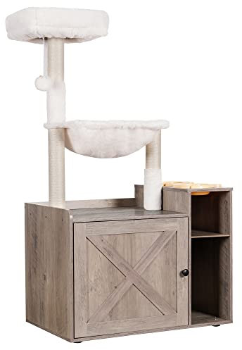 Hey-brother Cat Tree with XL Litter Box Enclosure, All-in-one Cat Tower for Indoor Cats with Large Hammock, Bed, Food Station, Scratching Posts, Modern Style Pet Furniture, Rustic Gray MPJ101SG