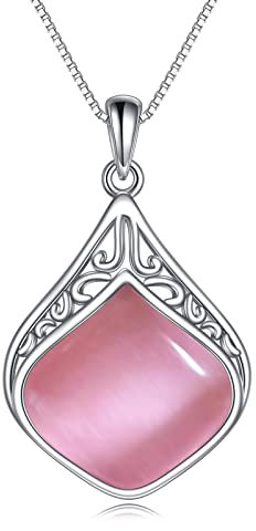 YAFEINI Tropfen Kette Sterling Silber Vintage filigrane Naturstein Tropfen Anhänger Halskette Schmuck Geschenke für Damen Mädchen (Rosa Opal Tropfen Kette)