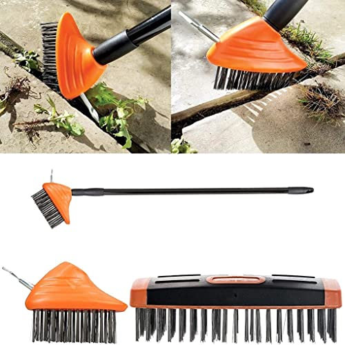 Weed Remover Tool Wire Brush Scraper Set Broom Twin Heads Set 3 in 1 Extendable Telescopic Handle Paving Garden Patio Cleaner Remove Weed & Moss from Block Path Patio and Driveway (Orange/Black)