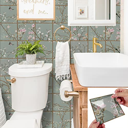 Alwayspon 10 adesivi retrò verdi per piastrelle con motivo floreale piccolo, spessore 0,6 mm, autoadesivi, paraspruzzi, camino, scale, piastrelle, trasferimenti, piastrelle, per cucina, bagno, parete