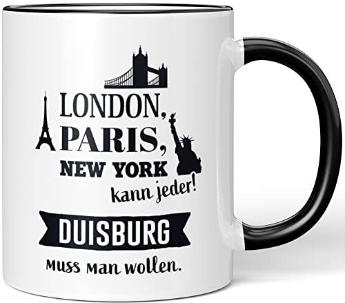 JUNIWORDS Tasse, London, Paris, New York kann jeder! Duisburg muss man wollen, Schwarz (1009454)
