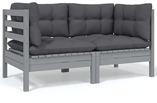 FIRBNUS 2-Sitzer-Gartensofa mit Kissen Grau Massivholz Kiefer Garden Furniture Outdoor Furniture Eckcouch Gartenmöbel für Draußen Gartenmöbel Holz Balkon Sofa Outdoor Sofa Balkonmöbel Holz