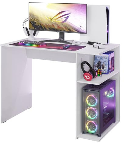 Madesa Compact Gaming Computer Desk with 2 Shelves, Cable Management and Large Monitor Stand, Wood, 54 D x 100 W x 75 H - White