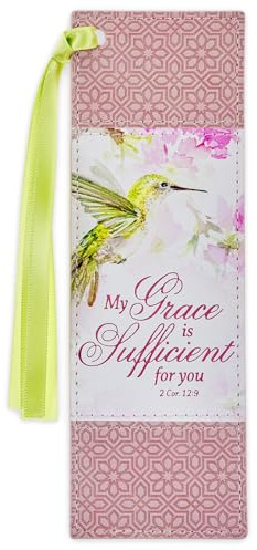 Christian Art Gifts Premium Vegan Leather Scripture Bookmark for Women: Grace is Sufficient Inspirational Bible Verse Cute Hummingbird Book Accessory, Pink Multicolor Floral & Lime Green Satin Ribbon