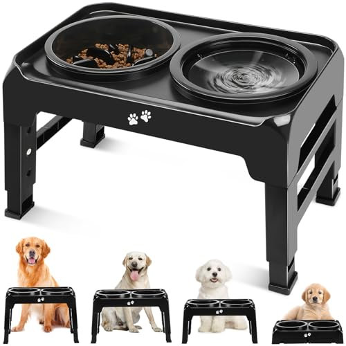 Elevated Slow Feeder Dog Bowls 4 Height Adjustable 2-in-1 Raised Dog Bowl Stand for Food and Water, Non-Slip Dog Feeder for Medium Large Dogs Adjusts to 3.7, 9.2, 10.75, 12.36 Black