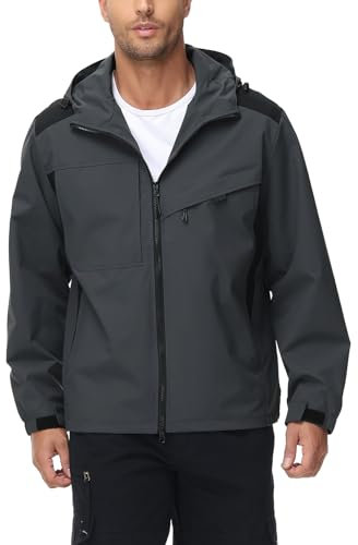 KUDORO Veste Homme Coupe-Vent à Capuche Blouson Homme Léger Casual Imperméable Trench-coat Poches Multiples(Gris Foncé,M)