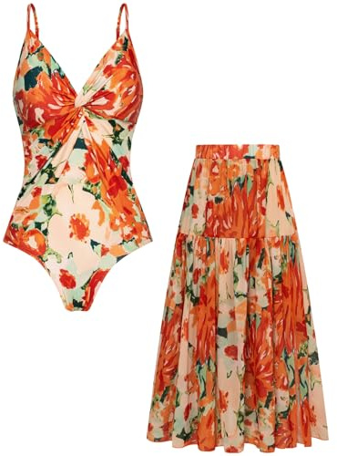 GRACE KARIN Damen Monokini, V-Ausschnitt mit Blumenprint, 2-teiliges Badeanzug-Set mit Schwimmrock und Tummy Control Orange S