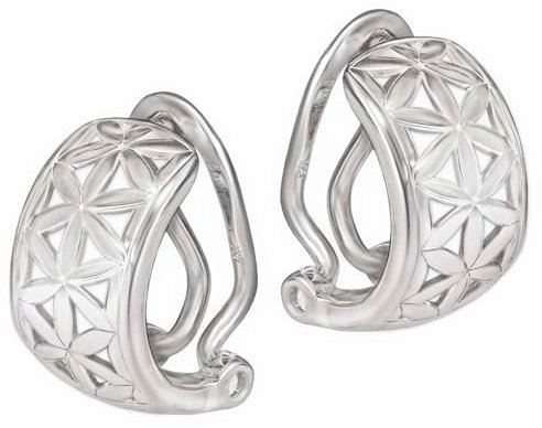 CLEVER SCHMUCK Silberne Creolen als Ohrclips Ø 14 mm mit Blume des Lebens teils offen gemustert Sterling Silber 925 für Damen im Schmucketui creme