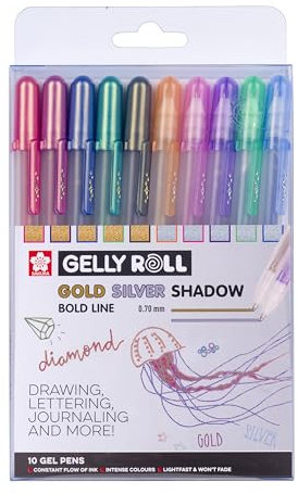 SAKURA Gelly Roll Gold & Silber Shadow Glitter Gelstifte 10er Set | Metallischer Spezialeffekt | Stifte zum Schreiben, Zeichnen, Tagebuchschreiben & Basteln