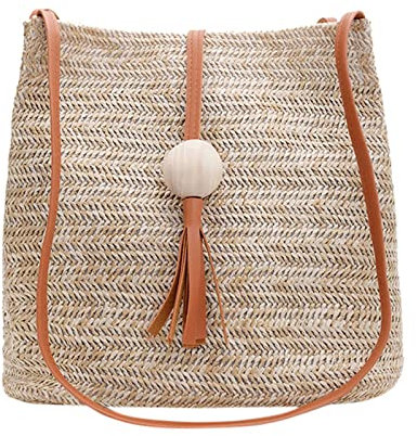 UnoSheng Mujer Bolsos Barato Tela Verano Borla Bola de Madera Salvaje Bandolera Playa Casual Bolsa Carpa Set Con Bolsillos, marrón, Einheitsgröße