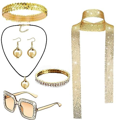 6 Stück Discokugel Spiegelkugel Schmuck Set Ohrringe Halskette Armband Strass Sonnenbrille Haarband Disco Accessoires für Party Karneval 70er 80er Jahre Kostüm Zubehör für Damen (Gold, One Size)