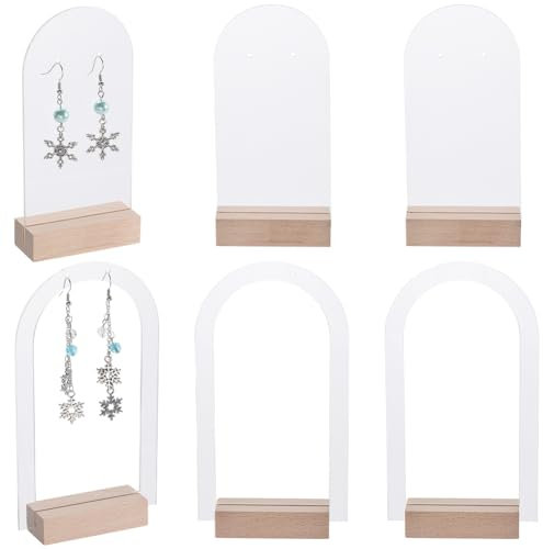 SUNNYCLUE Lot de 6 supports en acrylique pour boucles d'oreilles - Présentoir à bijoux en acrylique - Présentoir à bijoux creux transparent - Avec base en bois - Pour le rangement des boucles
